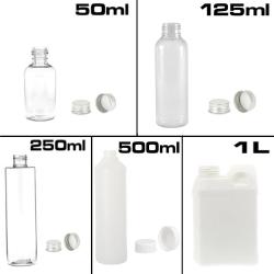 Puszki i butelki plastikowe o pojemności od 50ml do 1 litra