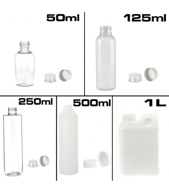 Puszki i butelki plastikowe o pojemności od 50ml do 1 litra