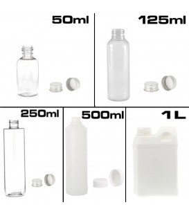 Puszki i butelki plastikowe o pojemności od 50ml do 1 litra